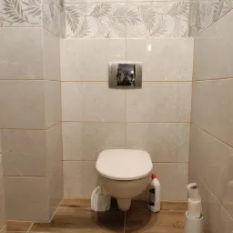 Beżowa łazienka z podwieszaną toaletą, wykończona płytkami z motywem roślinnym i drewnopodobną podłogą, widoczny fragment instalacji nad spłuczką.