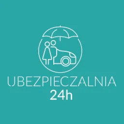 Minimalistyczne logo firmy ubezpieczeniowej z ikoną parasola, osoby i samochodu na turkusowym tle z napisem 'UBEZPIECZALNIA 24h'.