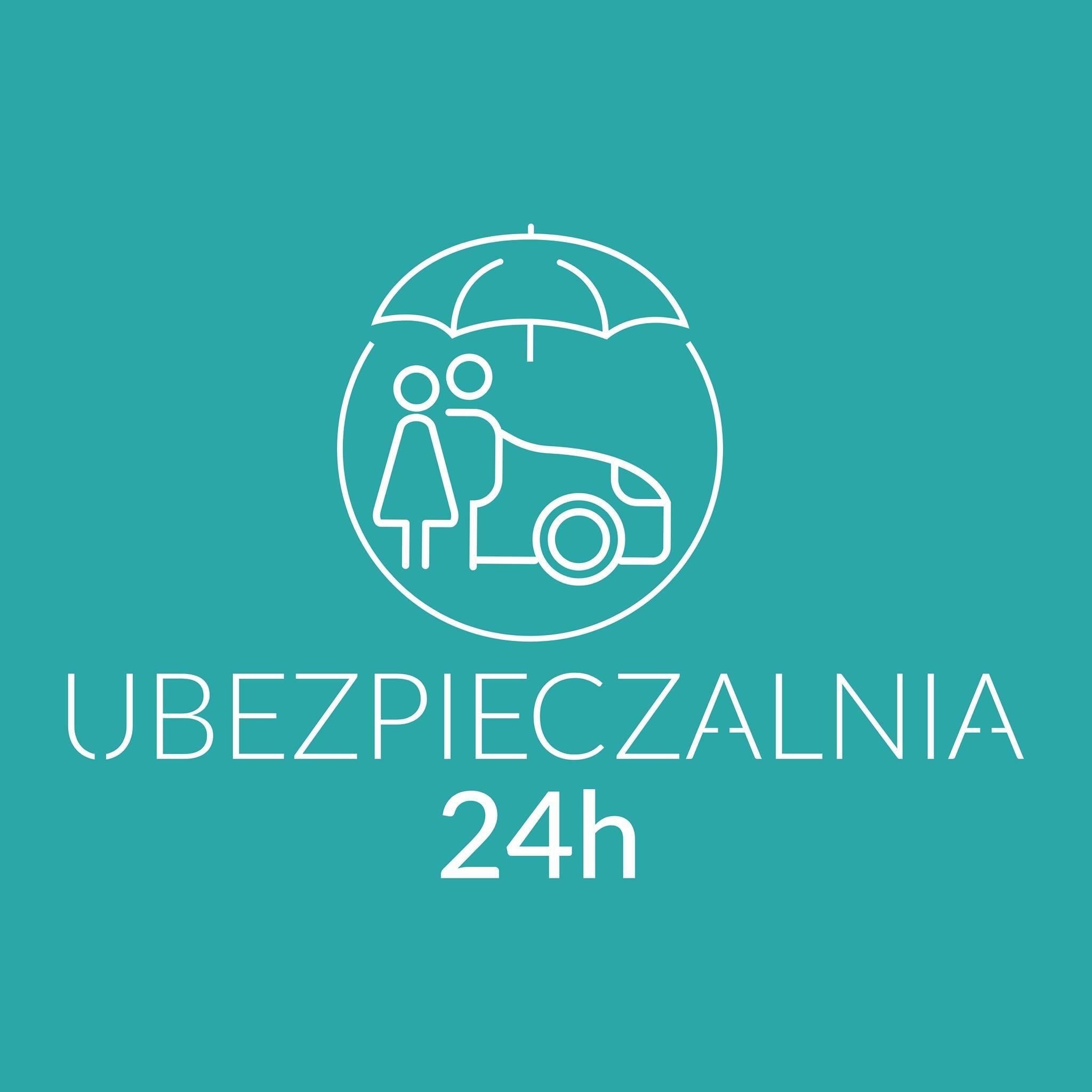 Minimalistyczne logo firmy ubezpieczeniowej z ikoną parasola, osoby i samochodu na turkusowym tle z napisem 'UBEZPIECZALNIA 24h'.