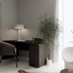 Home by M Martyna Matuszak - Wizualizacja pokoju biurowego z ciemnym biurkiem, lampą, obrazem abstrakcyjnym na ścianie i roślinami doniczkowymi