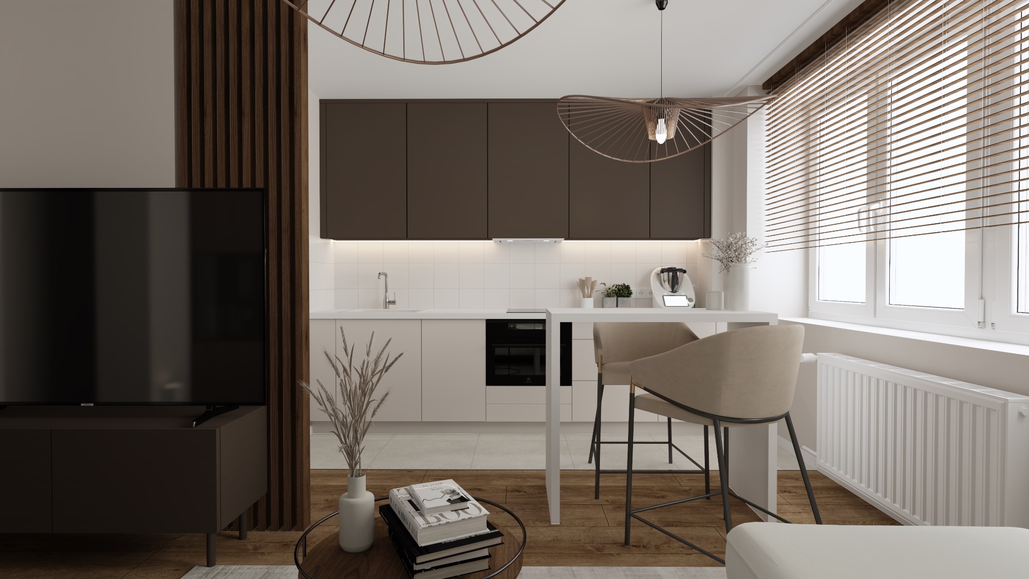 Nowoczesne wnętrze mieszkania z otwartą kuchnią: brązowe szafki wiszące, białe dolne szafki, wysoki stół barowy z krzesłami, telewizor na szafce RTV i dekoracyjne lampy wiszące.