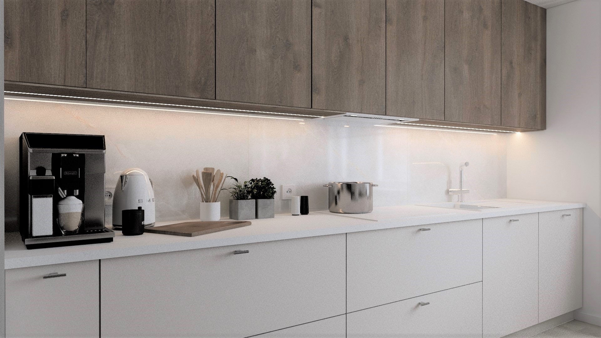 Nowoczesna kuchnia z białymi szafkami dolnymi i drewnopodobnymi górnymi, podświetlona listwą LED, z ekspresem do kawy, czajnikiem SMEG i garnkiem na blacie