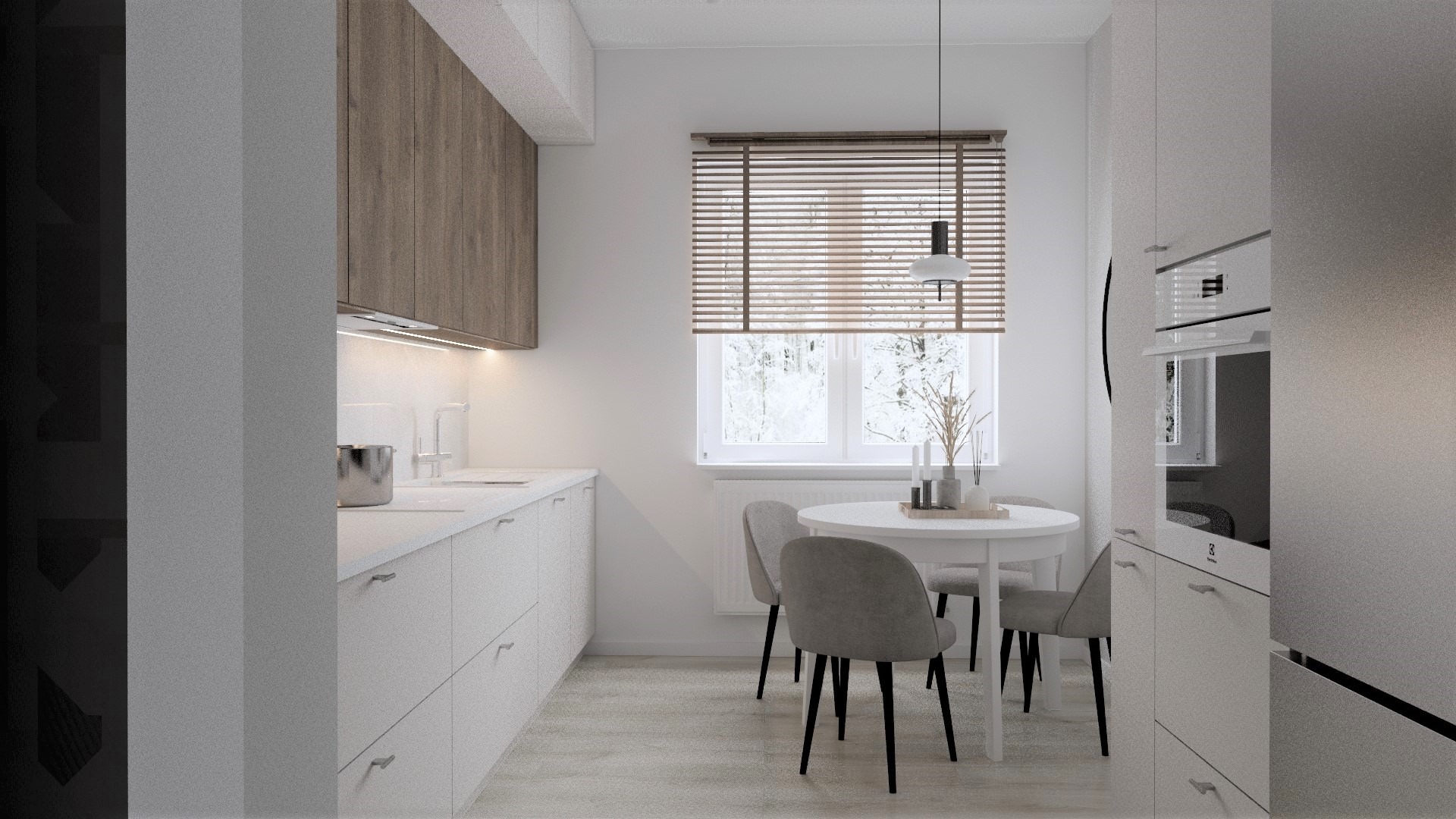 Jasna kuchnia z drewnianymi akcentami w Zielonej Górze: minimalistyczne szafki, okrągły stół z szarymi krzesłami i widok na zimowy krajobraz za oknem z żaluzjami.