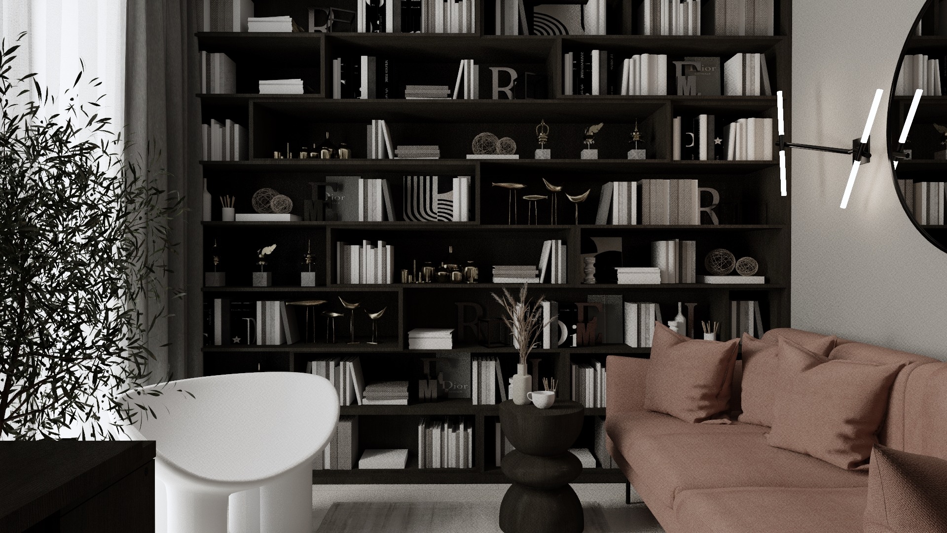 Ciemna biblioteczka z książkami i dekoracjami, sofa w odcieniach różu, okrągłe lustro i designerska lampa, minimalistyczne krzesło i roślina doniczkowa, stonowana kolorystyka