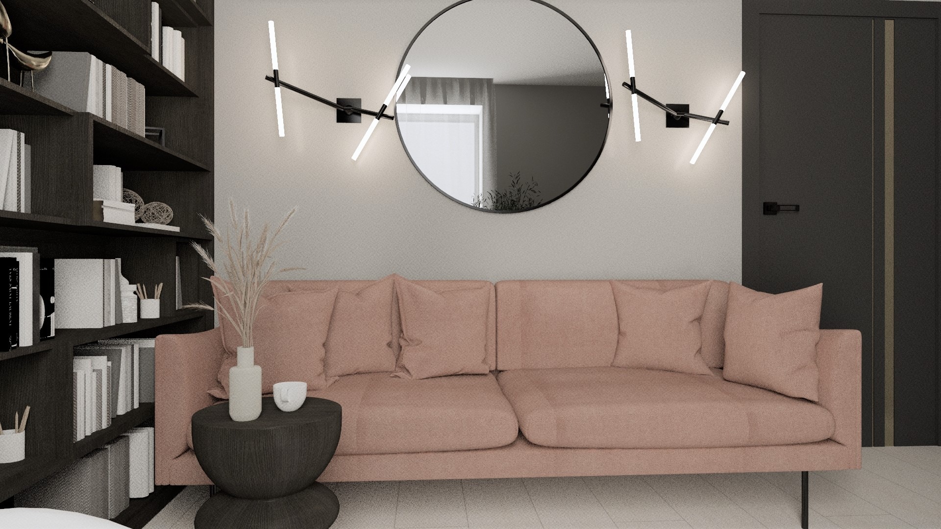 Jasnoróżowa sofa z poduszkami, okrągłe lustro z oświetleniem LED, stolik kawowy z wazonem i książki na półkach w tle.