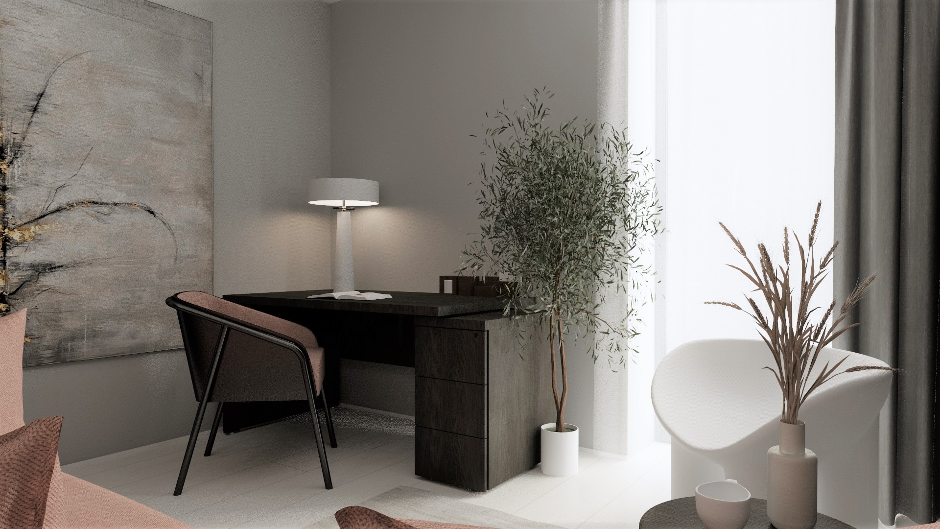 Wizualizacja pokoju biurowego z ciemnym biurkiem, lampą, obrazem abstrakcyjnym na ścianie i roślinami doniczkowymi