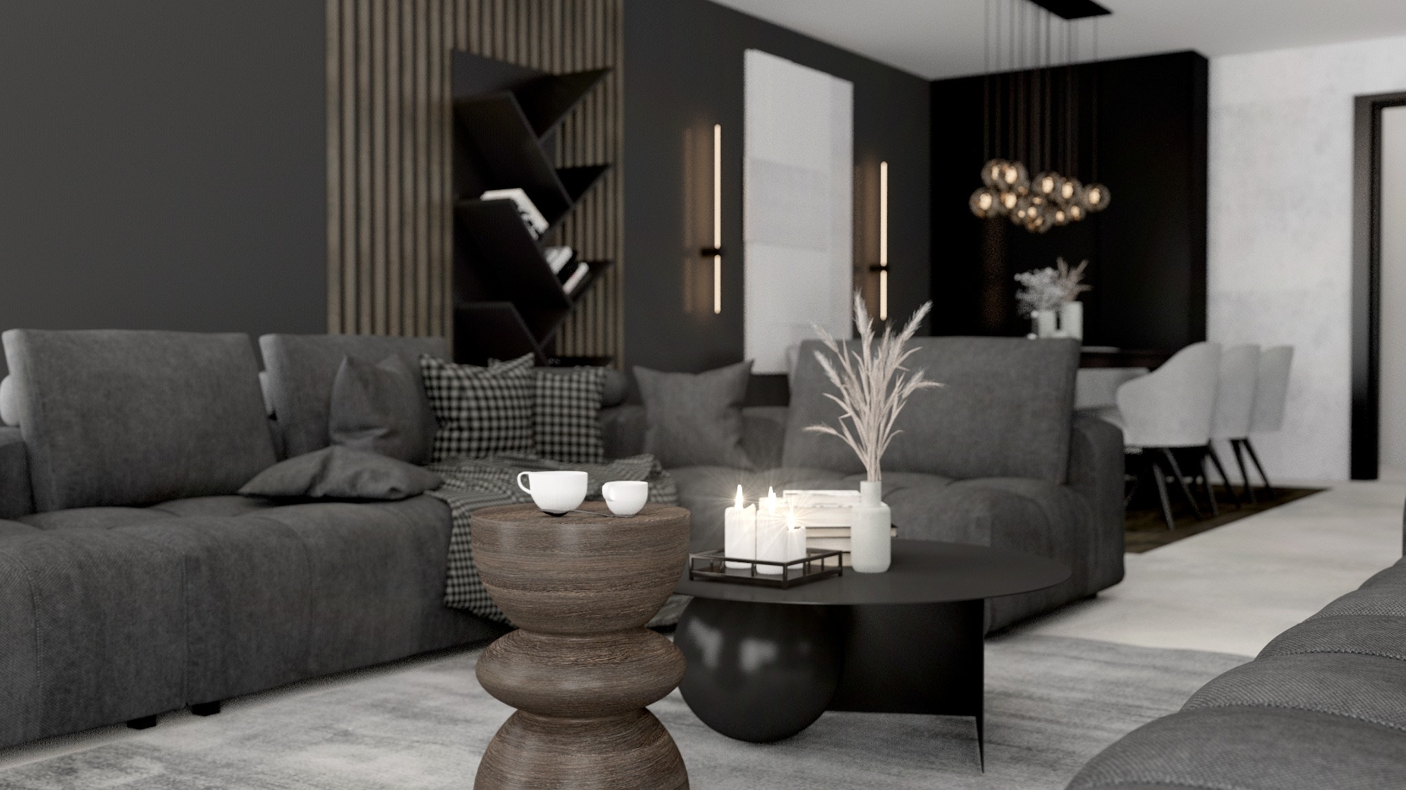 Nowoczesny salon w odcieniach szarości z drewnianymi akcentami, sofą z poduszkami, stolikiem kawowym z dekoracjami i widokiem na jadalnię z designerską lampą.