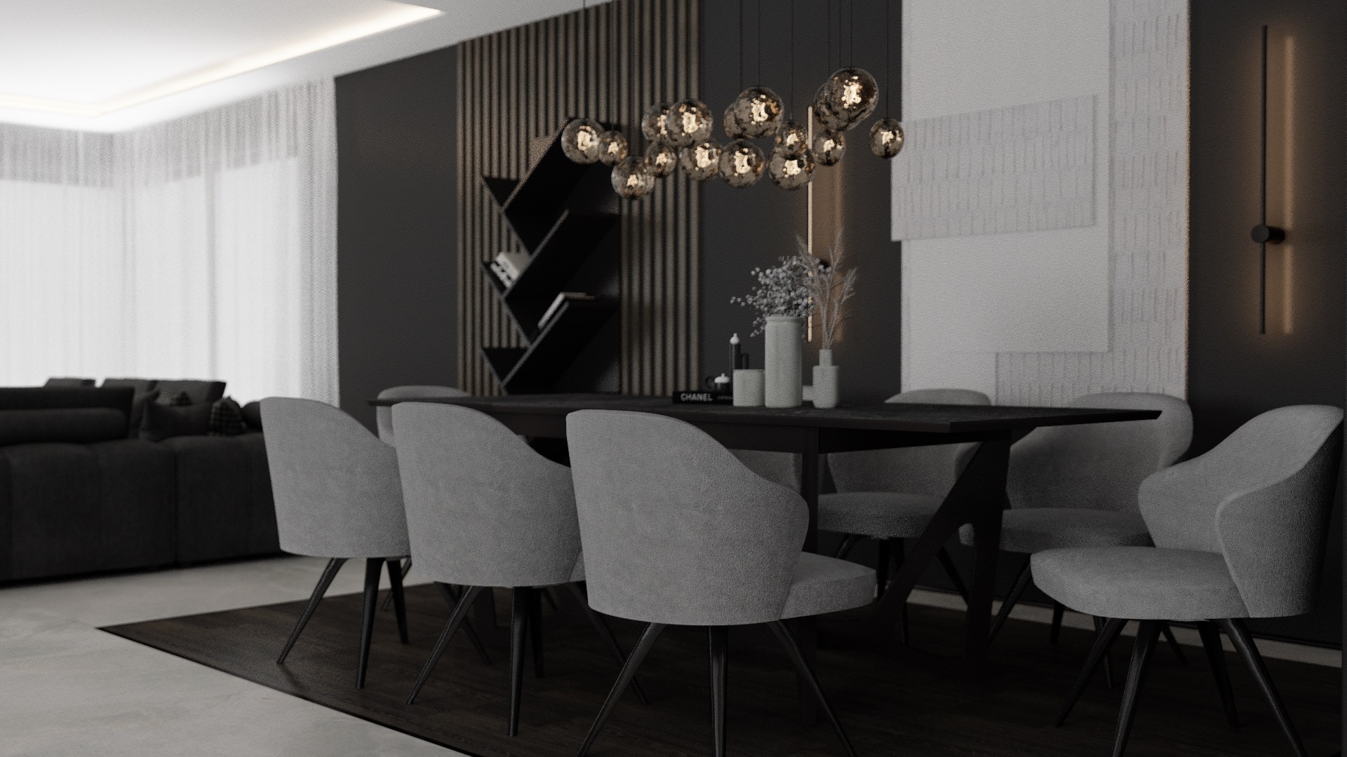 Elegancka, nowoczesna jadalnia w odcieniach szarości i czerni z minimalistycznym oświetleniem, dekoracyjnymi panelami ściennymi i półką na książki.