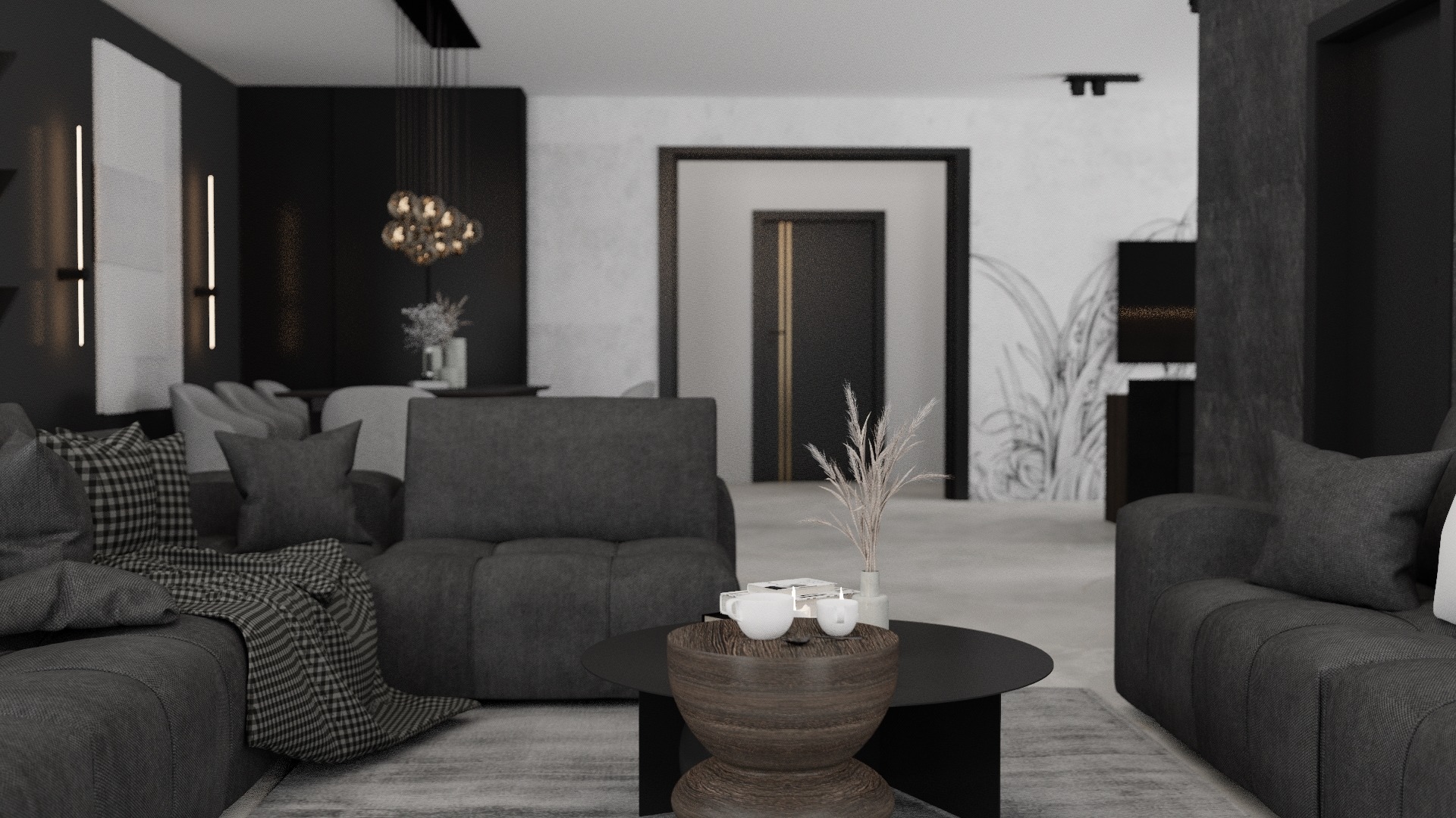 Nowoczesny salon w odcieniach szarości i czerni, z elementami dekoracyjnymi, takimi jak lampa wisząca z kulistymi kloszami, grafika roślinna na ścianie i drewniany stolik kawowy z filiżankami.