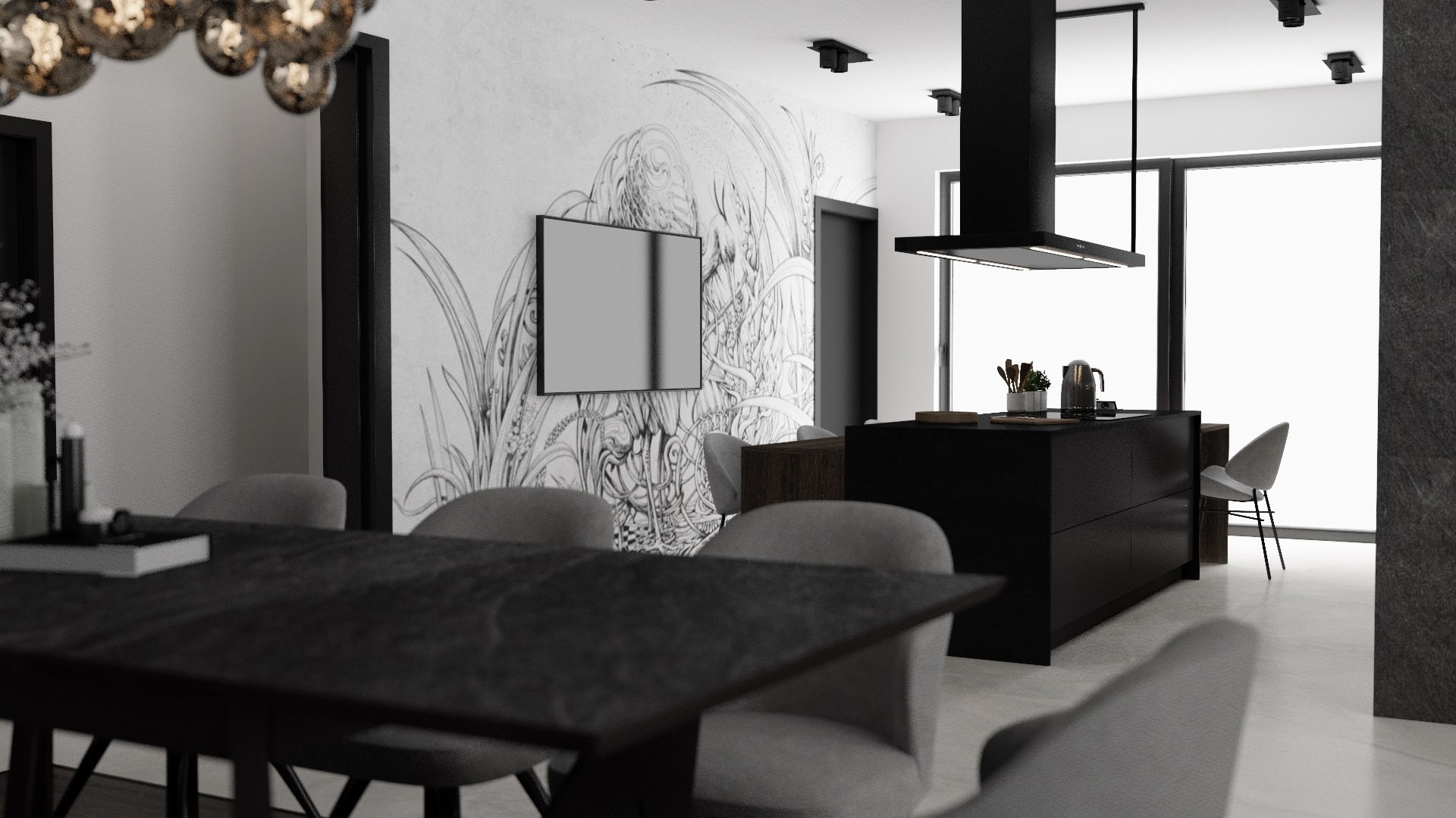 Nowoczesna jadalnia z czarnym stołem i krzesłami, otwarta na kuchnię z wyspą i czarnym okapem, ściana z abstrakcyjnym rysunkiem, oświetlenie punktowe.