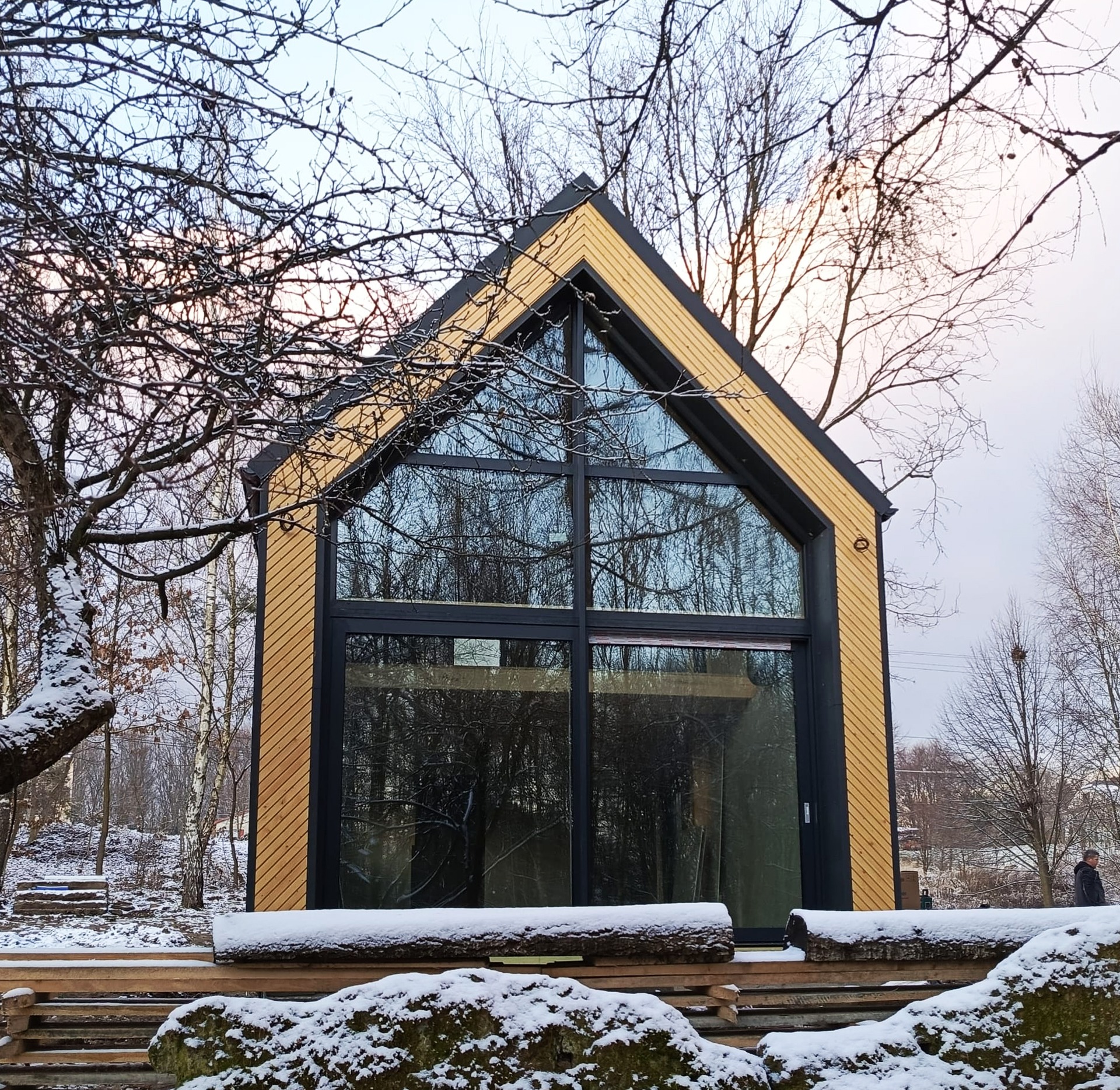 Nowoczesny dom z dużą, przeszkloną ścianą szczytową, otoczony zimowym krajobrazem z drzewami pokrytymi śniegiem.