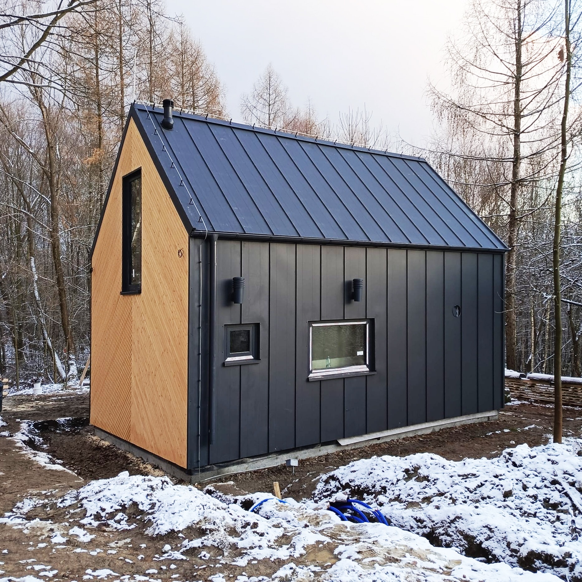 Niewielki, nowoczesny dom z dachem z blachy na tle zimowego lasu, z elewacją w dwóch odcieniach: jasnego drewna i ciemnoszarej blachy trapezowej.