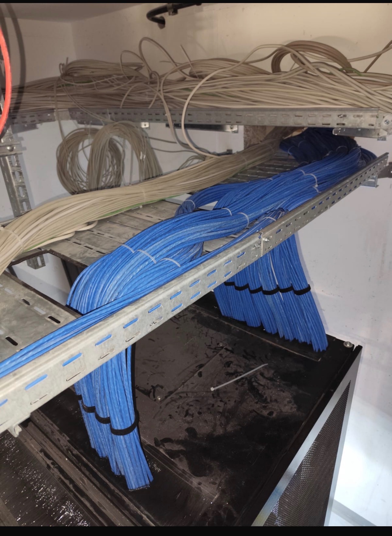 Uporządkowane kable w kolorze niebieskim i szarym, ułożone na metalowych korytkach wewnątrz szafy serwerowej. Widoczne czarne opaski zaciskowe i fragmenty instalacji.