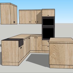 Julia Frys - Wizualizacja 3D kuchni w jasnym drewnie z czarnymi akcentami, prezentująca układ szafek, piekarnika i zlewu. Projekt wnętrza z wyraźnym rysunkiem słojów drewna.