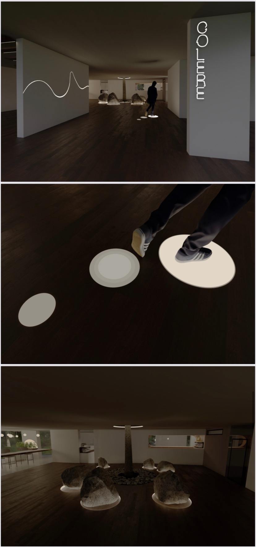 Iluminacja wnętrza z podświetlanymi kamieniami i ścieżką świetlną, napis COLERE na ścianie, minimalistyczny design.