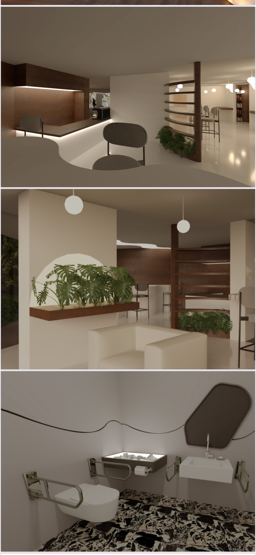 Wizualizacja wnętrza biura z recepcją, roślinami doniczkowymi i toaletą dla niepełnosprawnych, utrzymana w minimalistycznym stylu z przewagą bieli i brązowych akcentów.