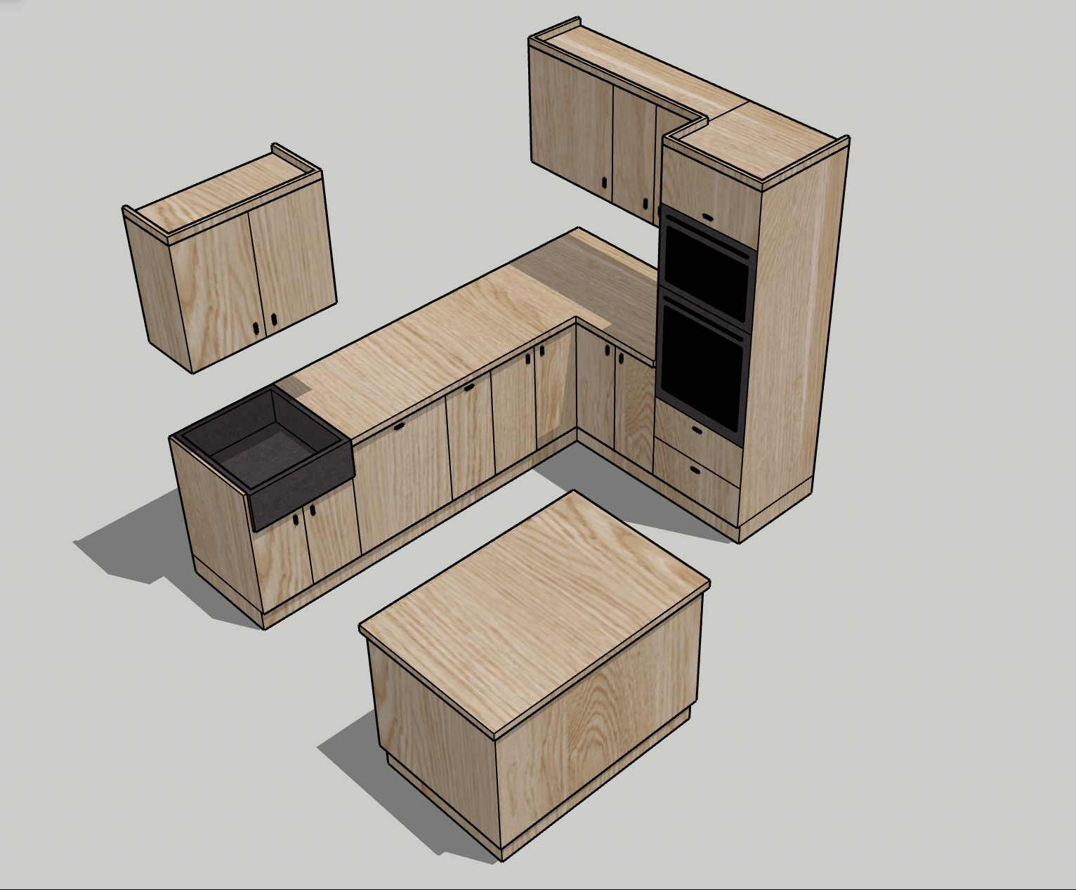 Wizualizacja 3D kuchni z drewnianymi szafkami, czarnym zlewem i wyspą. Ujęcie z góry, prezentujące układ i rozmieszczenie mebli kuchennych w minimalistycznym stylu.