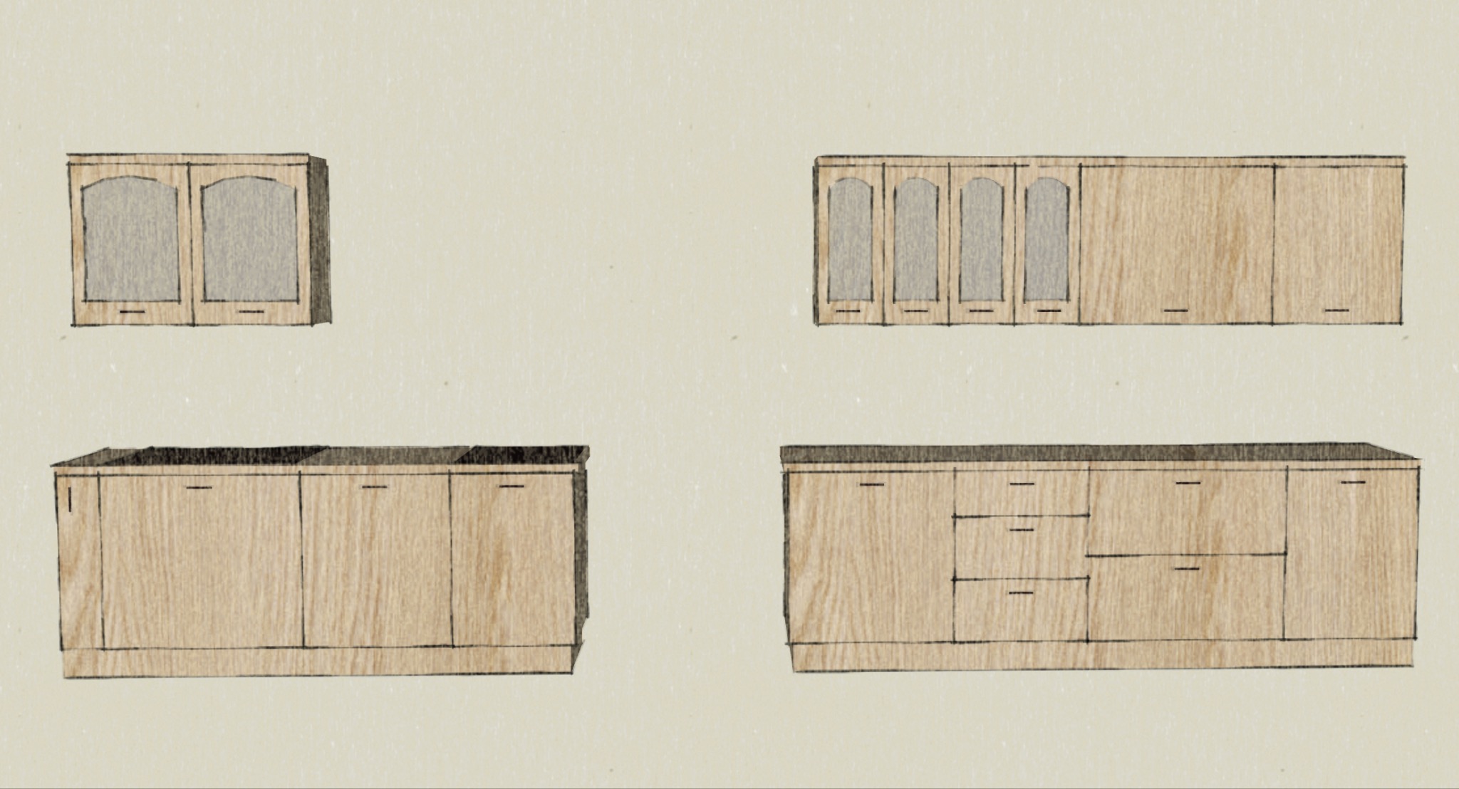 Szkic koncepcyjny mebli kuchennych z drewnianymi frontami, prezentujący różne konfiguracje szafek wiszących i stojących na kremowym tle. Rysunek techniczny.