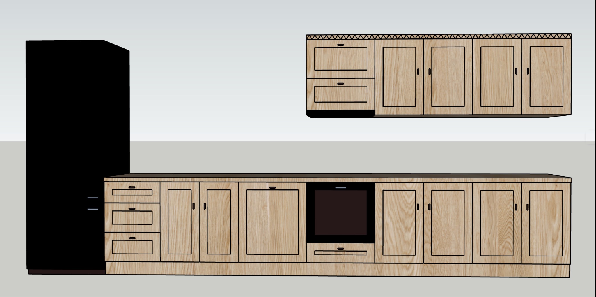 Wizualizacja 3D kuchni z drewnianymi szafkami i czarną lodówką. Grafika prezentuje projekt zabudowy kuchennej z uwzględnieniem rozmieszczenia sprzętów.
