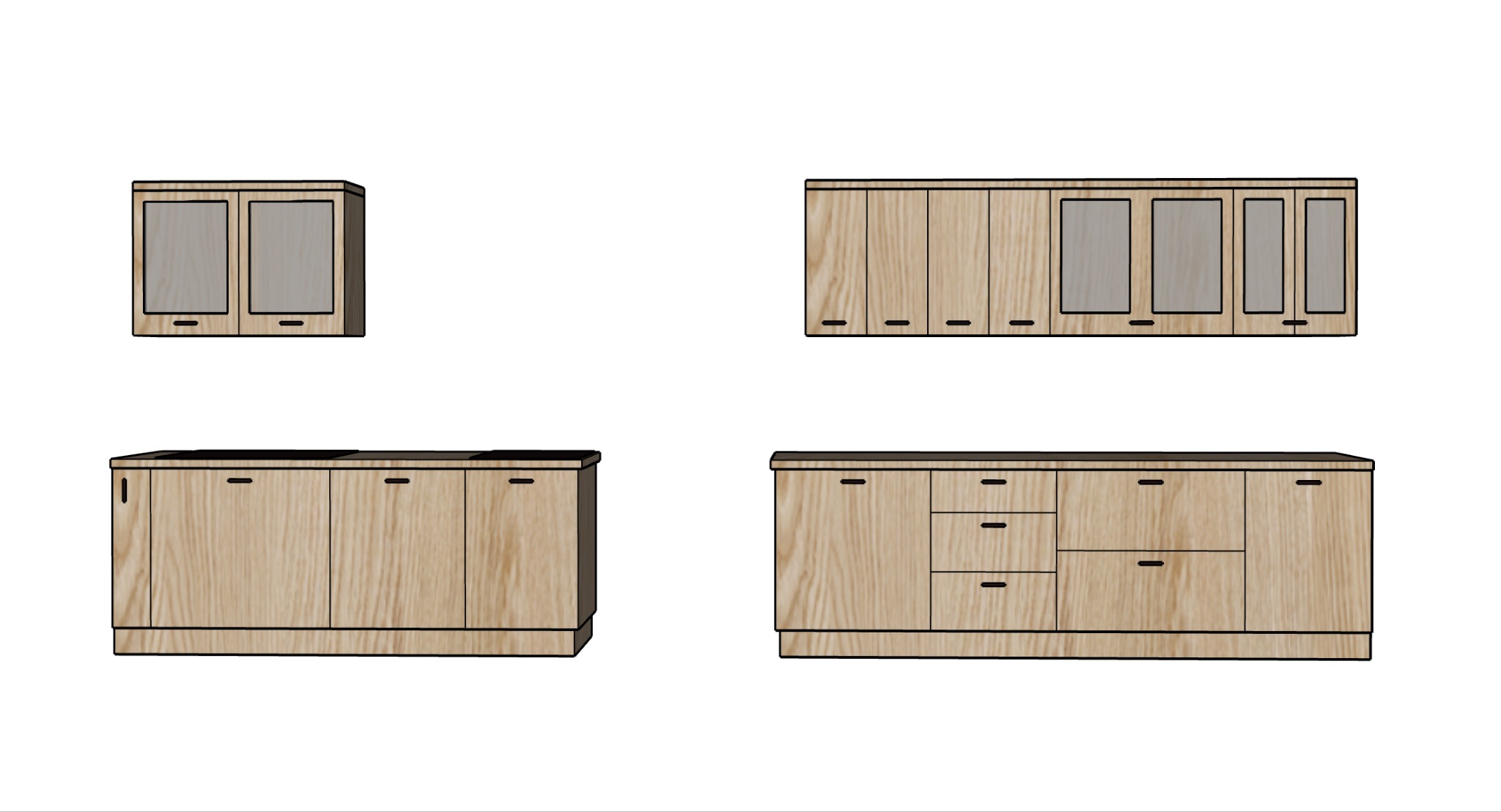 Wizualizacja 3D jasnych mebli kuchennych z drewnianymi frontami i szklanymi witrynami, na białym tle. Prezentacja układu szafek górnych i dolnych.