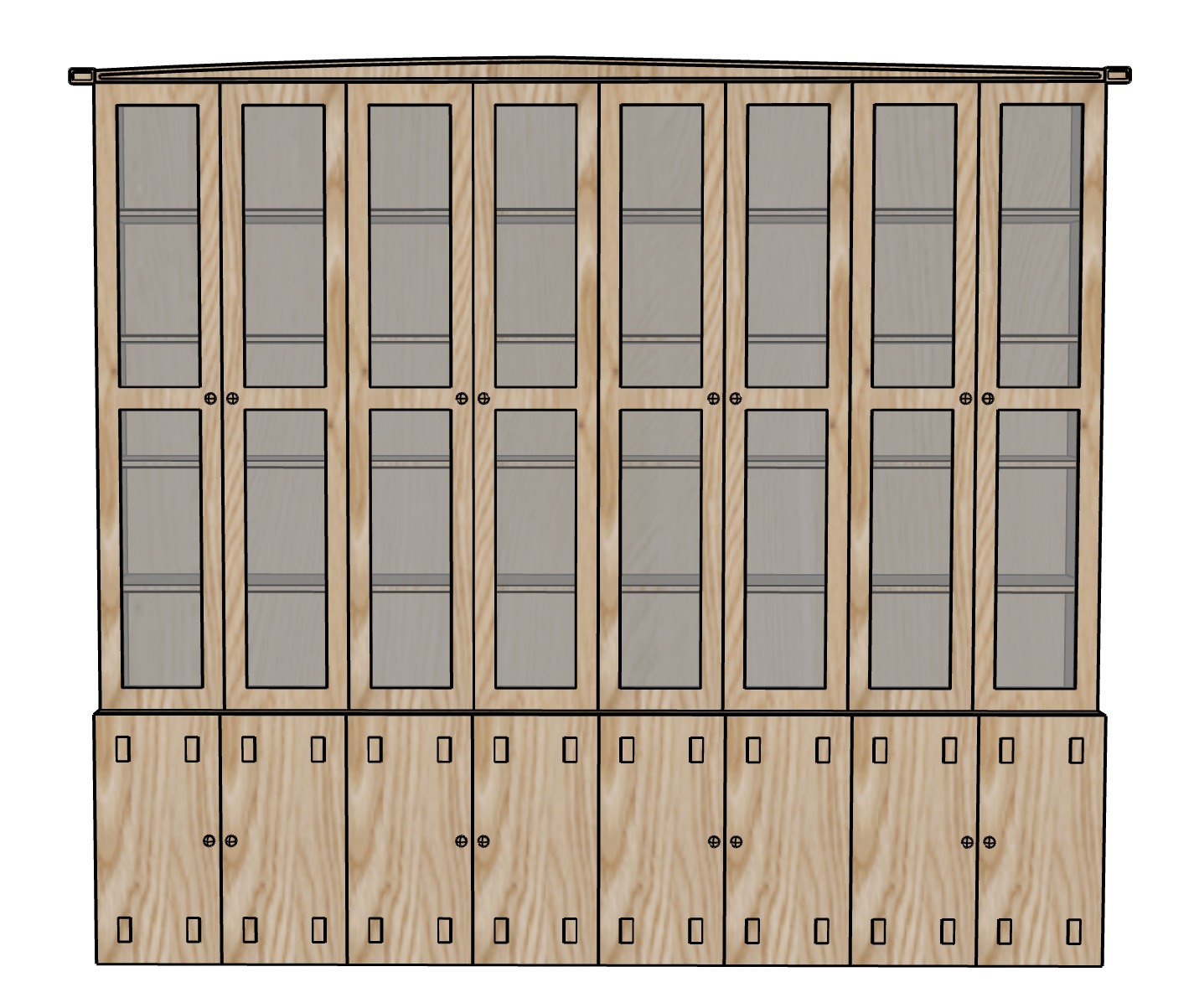 Wizualizacja 3D mebli: duży regał z przeszklonymi szafkami na górze i drewnianymi szafkami na dole, prezentowany na białym tle. Grafika z wyraźnymi konturami.