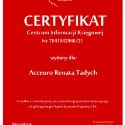 Czerwony certyfikat Centrum Informacji Księgowej o numerze 7641542968/21, wydany dla Acceuro Renata Tadych, potwierdzający pozytywną weryfikację usług księgowych pod kątem kryteriów Programu C.I.K.