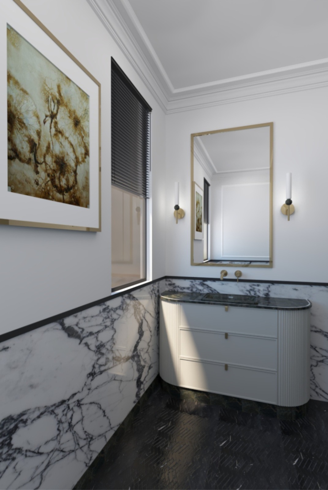 Elegancka łazienka z marmurowymi ścianami i podłogą w jodełkę, białą szafką pod umywalkę z zaokrąglonymi bokami, złotym lustrem i kinkietami oraz abstrakcyjnym obrazem w złotej ramie.