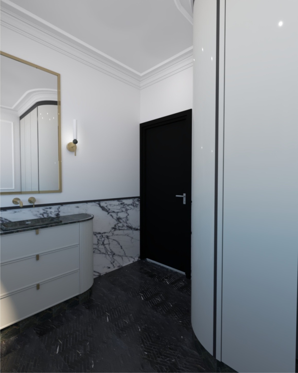 Nowoczesna łazienka z czarno-białą marmurową ścianą, szafką umywalkową z zaokrąglonym frontem, złotymi detalami i czarną podłogą w jodełkę, oświetlona złotym kinkietem.