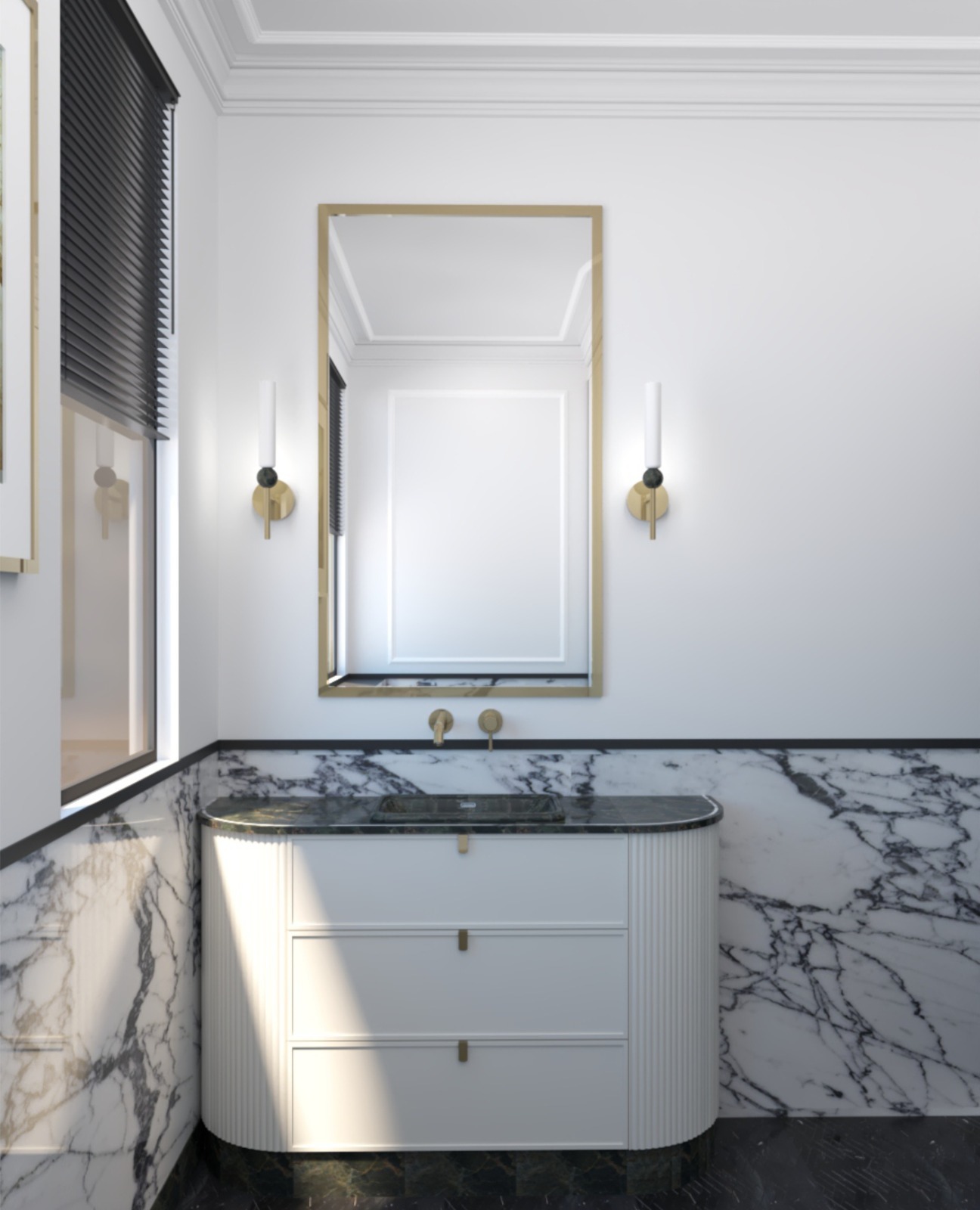 Elegancka łazienka z marmurowymi ścianami, białą szafką z szufladami pod umywalką i złotymi akcentami, takimi jak rama lustra i kinkiety.