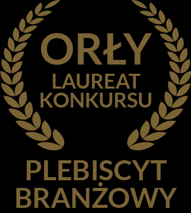 Złoty emblemat z napisem 'Orły Laureat Konkursu Plebiscyt Branżowy', otoczony stylizowanym wieńcem laurowym na czarnym tle.