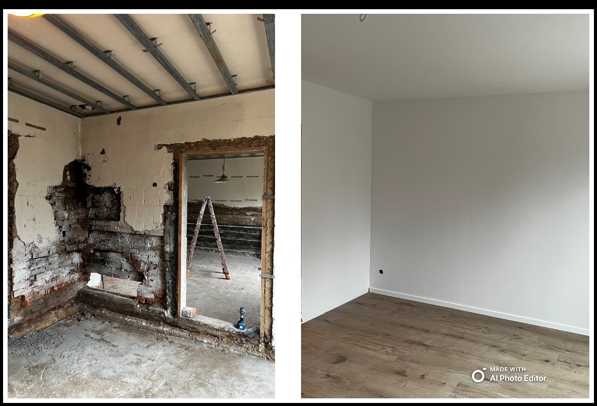 Porównanie stanu pokoju przed i po: surowa cegła i instalacje pod sufitem kontra gładkie, białe ściany i panele podłogowe.