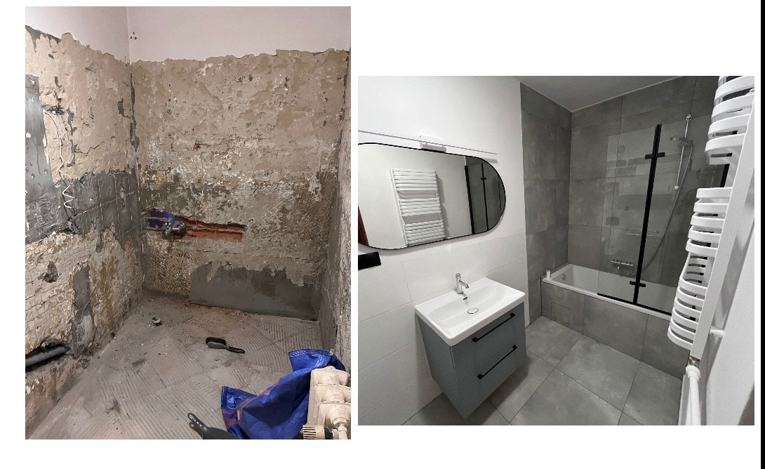 Porównanie stanu łazienki przed remontem z surowymi ścianami i po remoncie z szarą glazurą, białą umywalką z szafką, owalnym lustrem i wanną z parawanem.