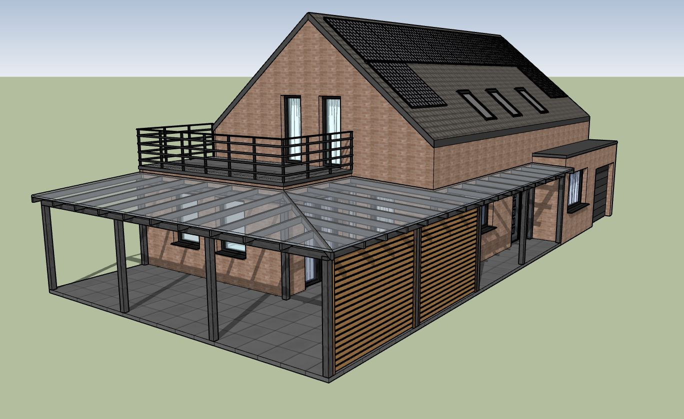 Wizualizacja domu z cegły z zadaszonym tarasem z elementami drewnianymi, balkonem z czarną balustradą i panelami słonecznymi na dachu.