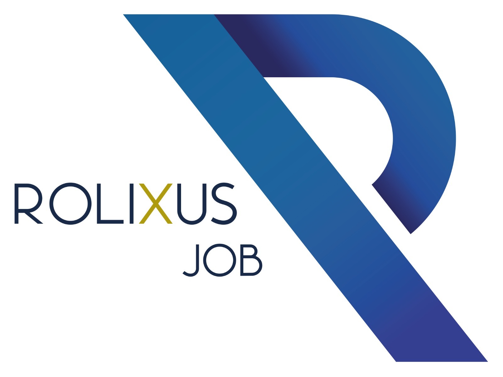 Logo firmy Rolixus Job z niebieskim symbolem stylizowanej litery R i nazwą firmy z żółtym akcentem na literze X.