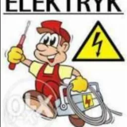 Karykaturalny elektryk z uśmiechem biegnie z narzędziem i skrzynką z symbolem wysokiego napięcia oraz przewodem, nad nim napis 'ELEKTRYK'.