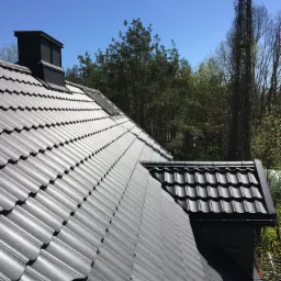 Szary dach z blachodach&oacute;wki modułowej, widoczny komin, okno dachowe i rynna, w tle las i błękitne niebo.