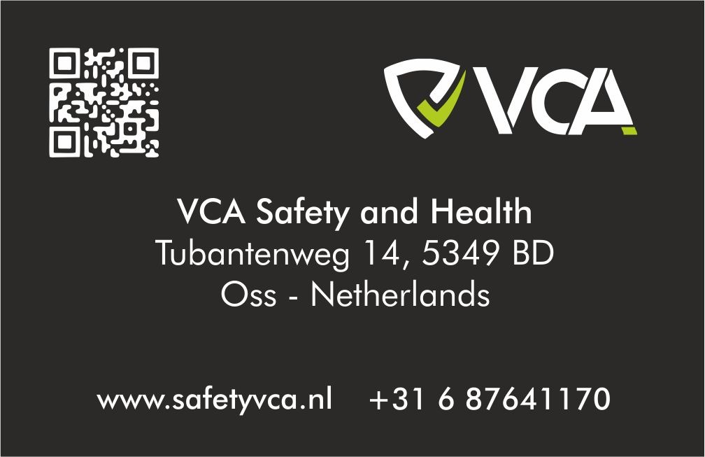 Wizytówka VCA Safety and Health z logo, adresem w Holandii, stroną internetową i numerem telefonu, uzupełniona o kod QR.
