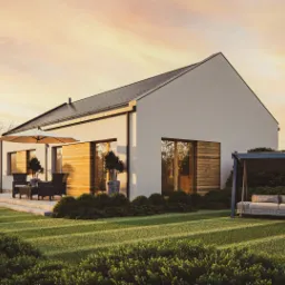 Wizualizacja nowoczesnego domu jednorodzinnego z płaskim dachem, drewnianą elewacją i tarasem, na którym stoi zestaw mebli ogrodowych pod parasolem; w tle para pozująca do zdjęcia robionego przez...