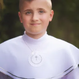 Portret uśmiechniętego chłopca w białej albie komunijnej z medalikiem na szyi, na rozmytym zielonym tle.