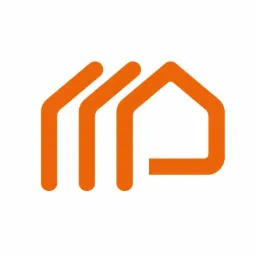 Pomarańczowe logo przedstawiające trzy uproszczone kontury domów, z których ostatni jest najbardziej wyraźny i przypomina ikonę domu.