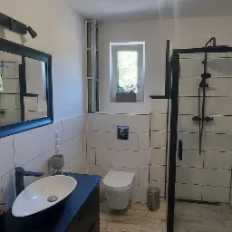 Nowoczesna łazienka z białą armaturą, czarną kabiną prysznicową typu walk-in i owalną umywalką nablatową, oświetlona światłem dziennym z okna z kwiatami.