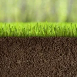 Przekrój poprzeczny gruntu z gęstą, soczystą, młodą trawą, widoczną na tle rozmytej zieleni.