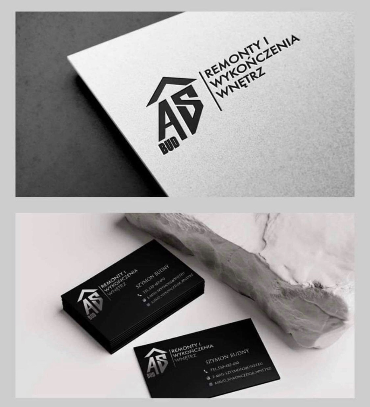 Eleganckie wizytówki firmy remontowo-wykończeniowej z logo AS Bud, ułożone na jasnym tle obok dekoracyjnego elementu z betonu.