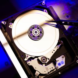 Seagate - ST4000DM000 - zapiłowany plater, zdewastowane głowice RW oraz metaliczny pył (widoczny dopiero w UV)