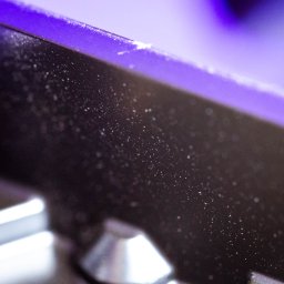 Dysk ST4000DM000 w środku pod światłem UV (Zbliżenie na opiłki z platera)