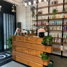 AKdecor - Studio projektowe - Nowoczesne wnętrze salonu fryzjerskiego z drewnianą recepcją, półkami z kosmetykami i dekoracyjnymi roślinami doniczkowymi.
