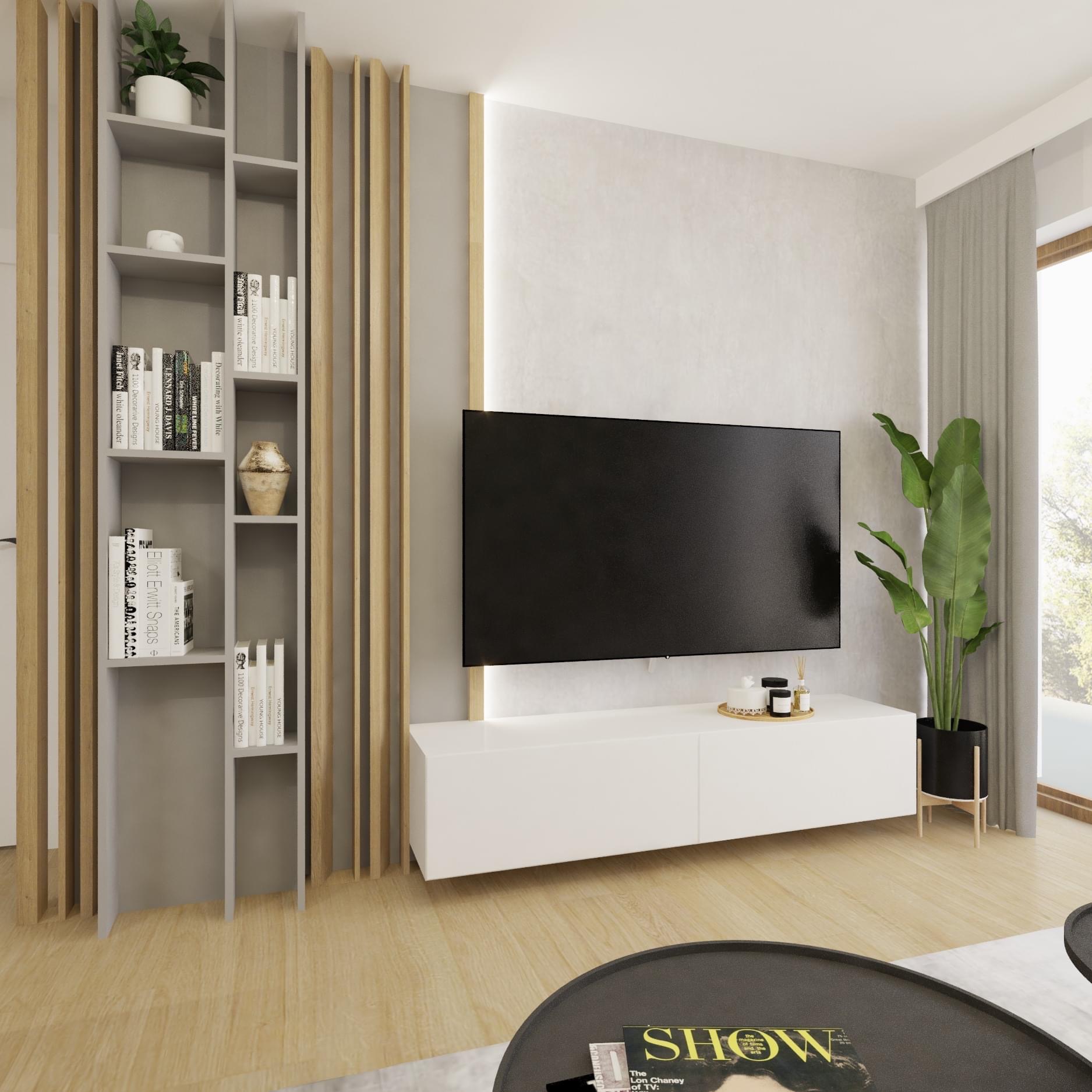 Wizualizacja salonu z telewizorem na ścianie, białą szafką RTV, regałem z książkami i dekoracjami, oraz rośliną doniczkową obok okna.