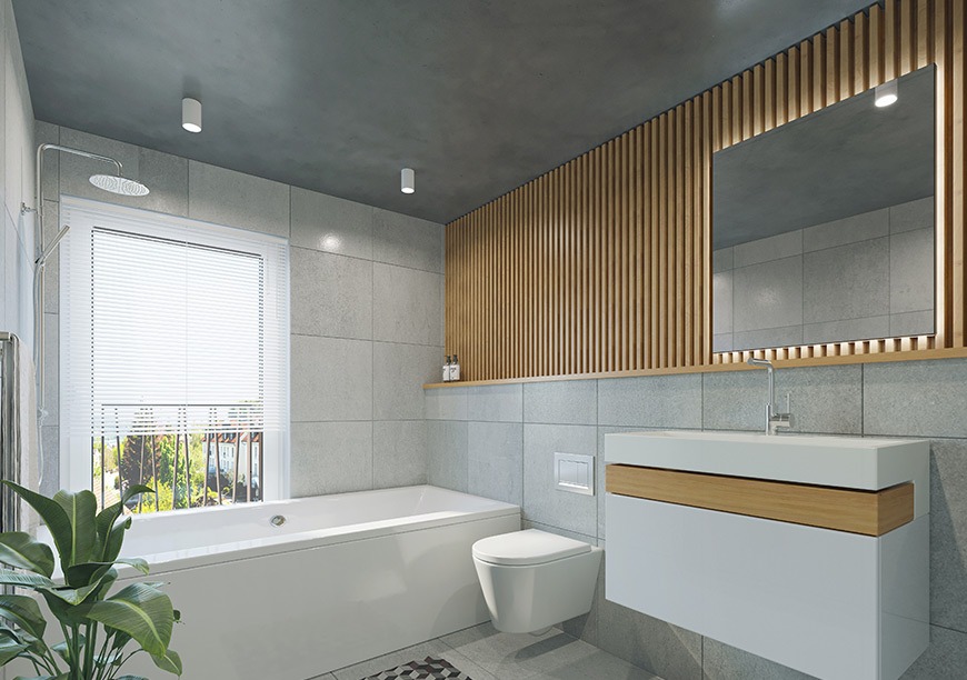 Nowoczesna łazienka z szarymi płytkami, drewnianymi panelami dekoracyjnymi, podświetlanym lustrem i wiszącą toaletą, uzupełniona rośliną doniczkową.