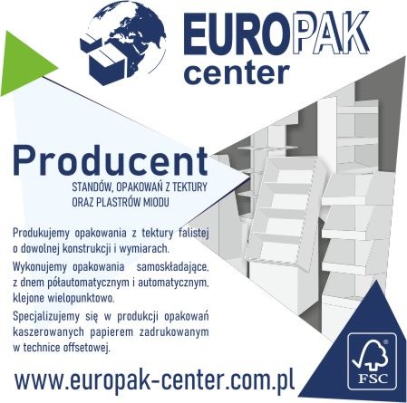 Grafika reklamowa firmy Europak-center, producenta standów i opakowań z tektury oraz plastrów miodu, prezentująca przykładowe ekspozytory i adres strony internetowej.