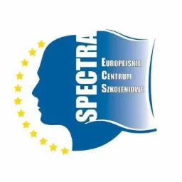 Logo Europejskiego Centrum Szkoleniowego SPECTRA z Lublina, profil głowy otoczony gwiazdami, nazwa w kolorze białym na niebieskim tle.